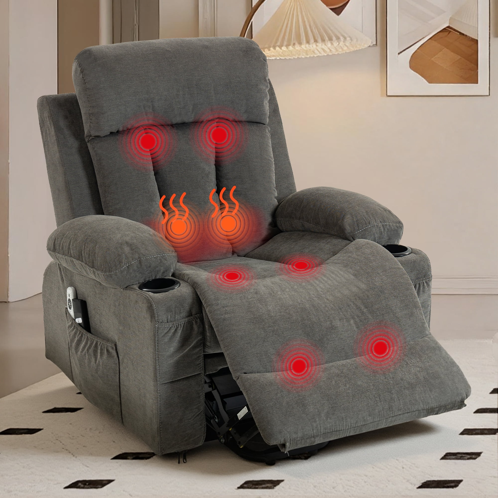 DELMANGO Power Lift Recliner Chair for Elderly, Electric Oversized Reclining Sofa with Vibration Massage & Heat, Cup Holder and USB Charging Port for Living Room, Grey