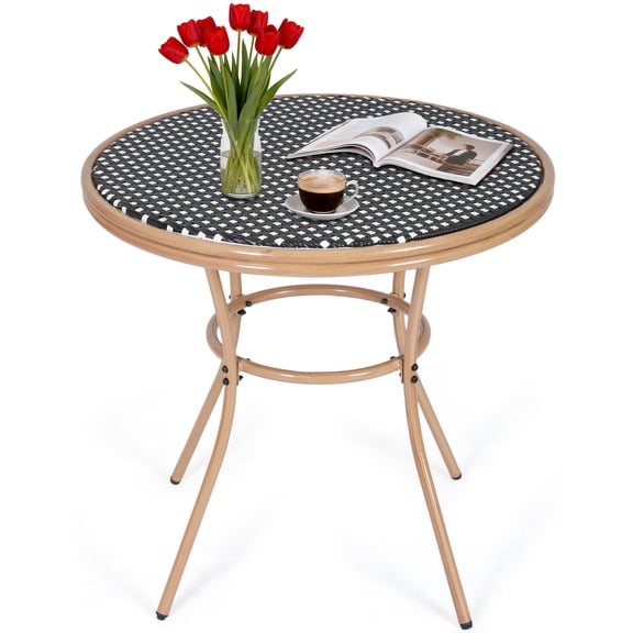 DELMANGO Round Outdoor Bistro Table with Matal Frame and Adjustable Foot Pads for Garden Balcony, Black/White