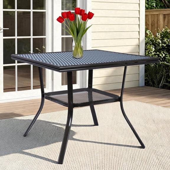DELMANGO 35.2" Square Outdoor Bistro Table Patio Dining Table with Matal Frame and Adjustable Foot Pads Coffee Table for Garden Balcony, Blue/White