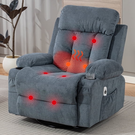 DELMANGO Swivel Rocker Recliner Chair with Vibration Massage & Heat, 360° Rotating Lounge Chair for Adults, Ergonomic Rocking Chair with Side Pocket & Cup Holders, Blue