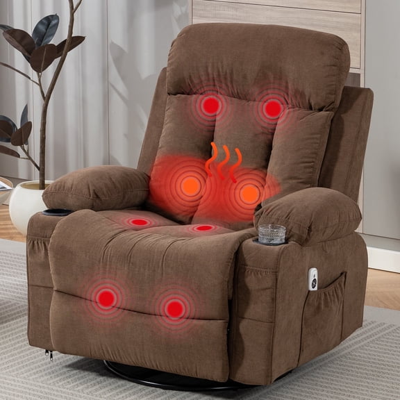 DELMANGO Swivel Rocker Recliner Chair for Elderly with Vibration Massage & Heat, 360° Rotating Lounge Chair for Adults, Ergonomic Rocking Chair with Side Pocket & Cup Holders, Brown