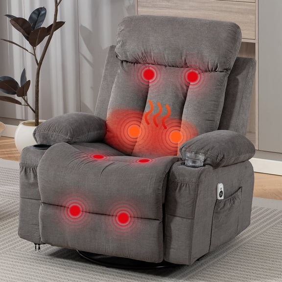 DELMANGO Swivel Rocker Recliner Chair with Vibration Massage & Heat, 360° Rotating Lounge Chair for Adults, Ergonomic Rocking Chair with Side Pocket & Cup Holders, Grey