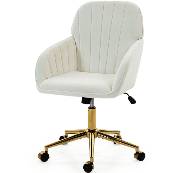 DELMANGO Velvet Adjustable Desk Chair with Gold Base & Wheels, Modern Swivel Vanity Office Chair for Home, Living Room, Bedroom & Study, Beige