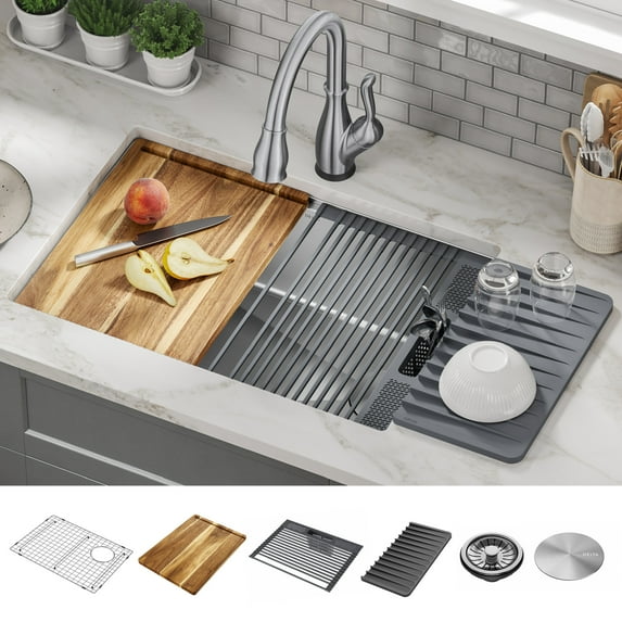 DELTA Lorelai 27 Workstation Kitchen Sink Undermount 16 Gauge Stainless Steel Single Bowl with WorkFlow Ledge and Accessories