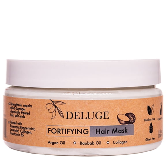 DELUGE - Fortifying Hair Mask with Baobab Oil, Coconut Oil and Olive Oil, Restores, Repairs and Nourishes Dry Damaged Hair- Collagen + ProVitamin B5 -Net Wt. 8 oz