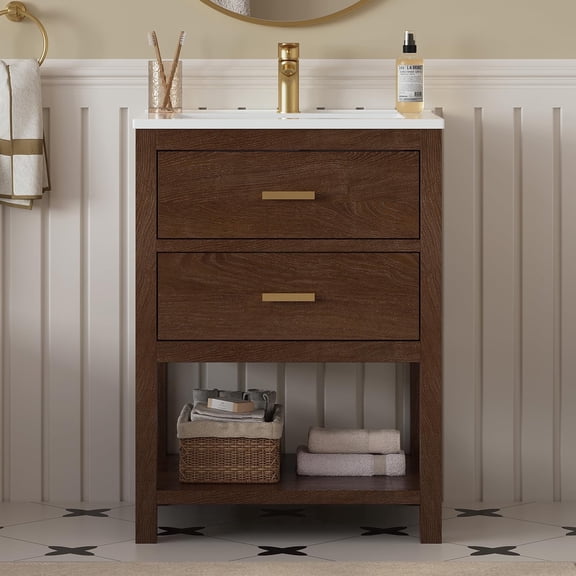 DELUXE LIVING 24"Bathroom Vanity with Sink, Small Cabinet Single Sink, Storage Venity with Adjustable Feet,Drawers& Easy to Install, Walnut