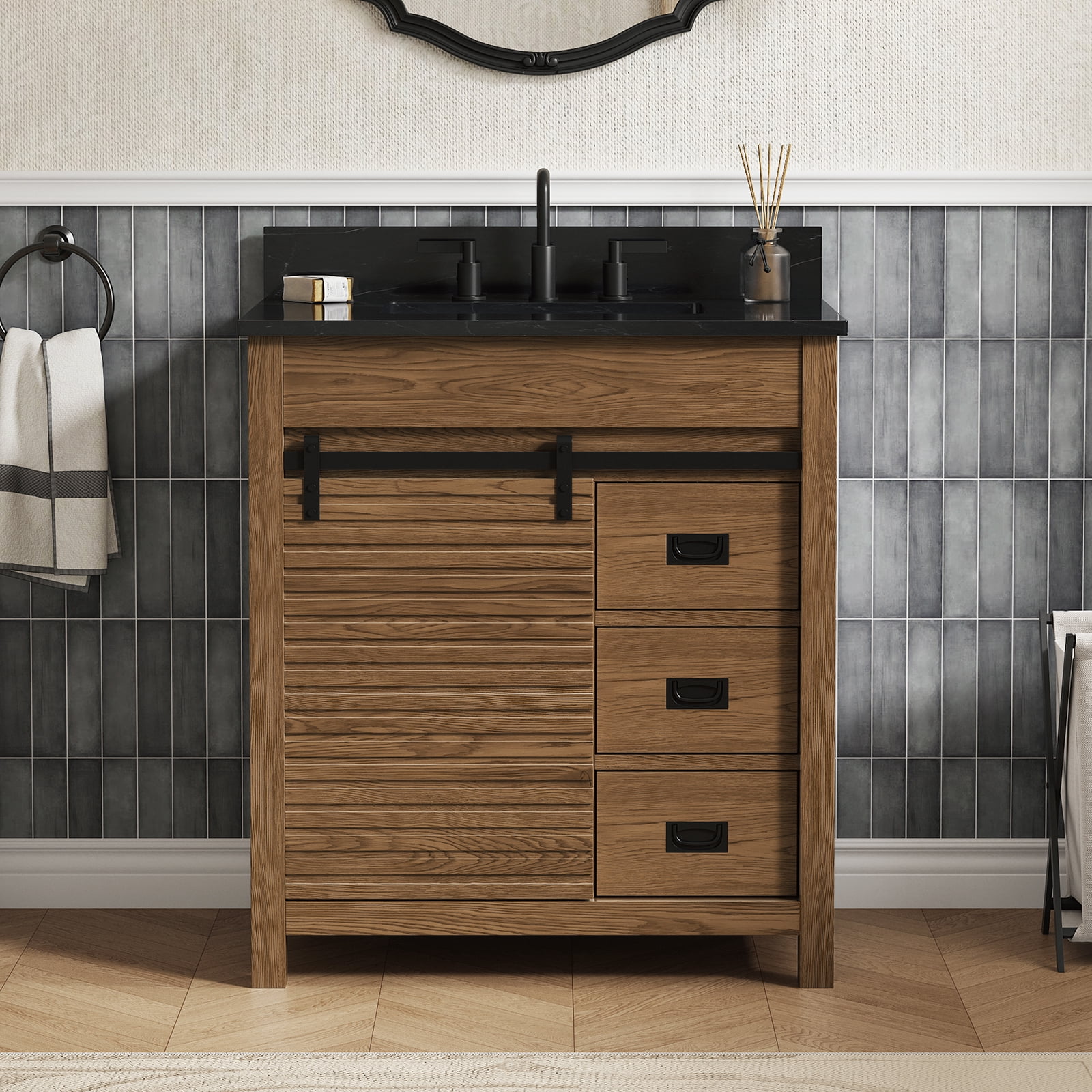 DELUXE LIVING 30" Bathroom Vanities with Sink, Fully Assembled Farmhouse Freestanding Storage Vanity&nbsp;Cabinet, Brown Oak