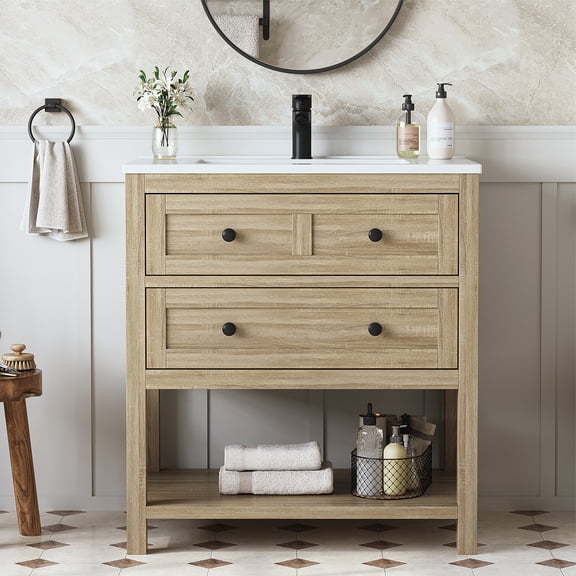 DELUXE LIVING 30" Bathroom Vanities with Sink Top, Adjustable Feet & Soft Closing Drawers, Light Oak