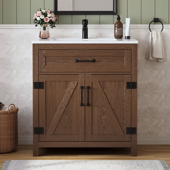 DELUXE LIVING 30" Bathroom Vanities with Sink,Farmhouse Bathroom Vanity with Integrated SMC Sink, Tip-out Storage, Soft-close Doors, Black Hardware and Adjustable Feet for Easy Installation,Walnut