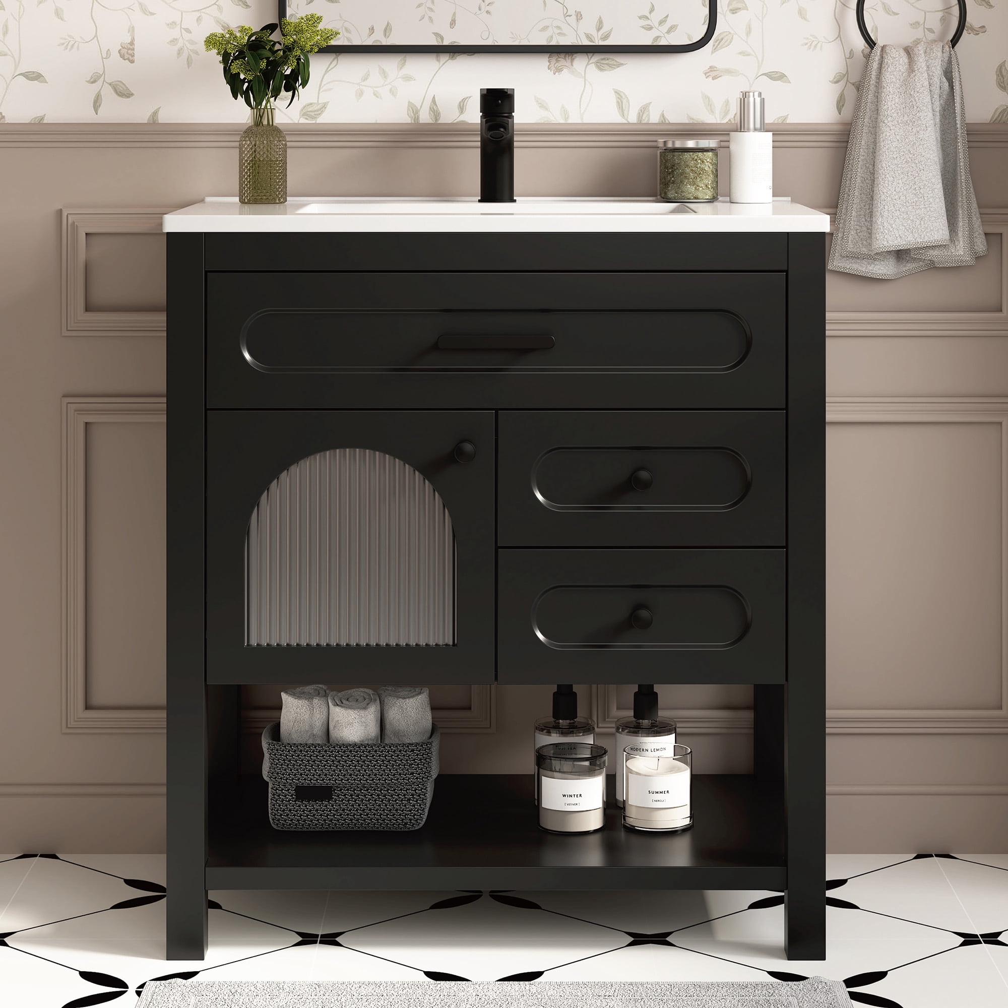DELUXE LIVING 30" Bathroom Vanities with Sink Top, Wood Frame Cabinet, Soft-closing Door & Drawers, Black