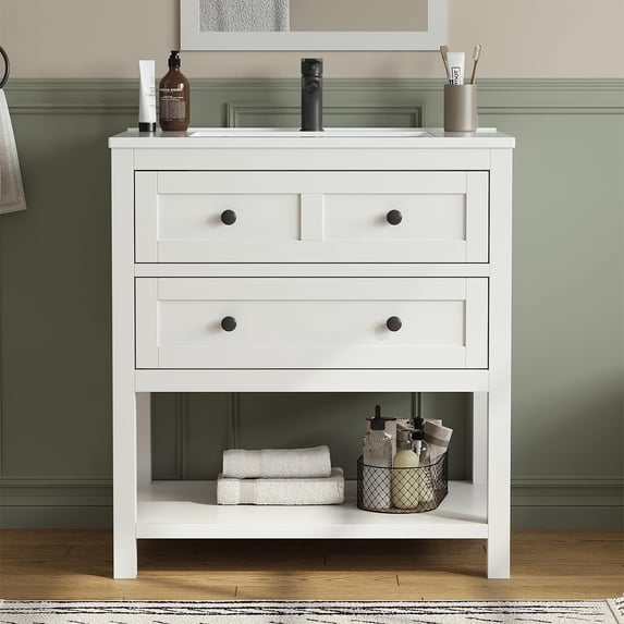 DELUXE LIVING 30" Bathroom Vanity with Sink,Modern Bathroom Single Sink Vanity, Bathroom Storage Cabinet with Drawers& Storage Shelf, SMC Integral Sink, White