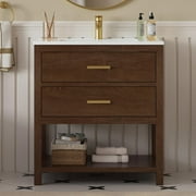 DELUXE LIVING 30" Bathroom Vanity with Sink, Farmhouse Cabinet with Single Sink, Storage Venity with Adjustable Feet,Drawers& Easy to Install, Walnut