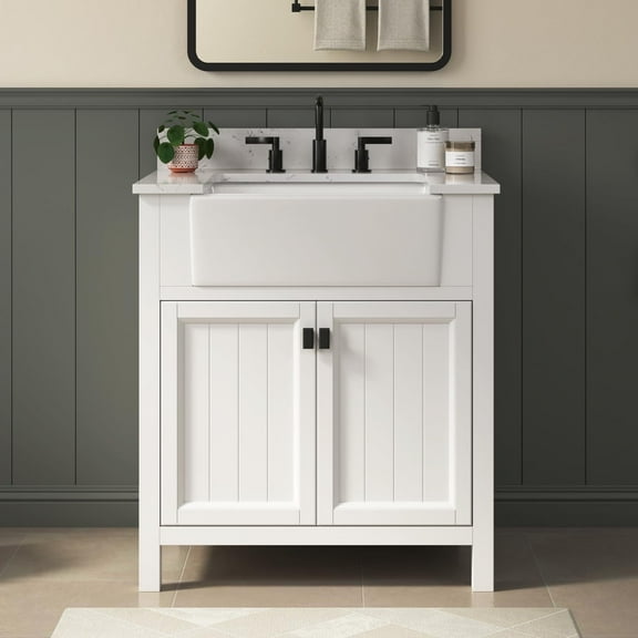 Deluxe Living 30" Bathroom Vanity with Marble Top, Fully-Assembled vanity with Ceramic Sink,Solid Wood Frame, White