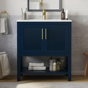 DELUXE LIVING 30 Inch Bathroom Vanity with Sink, Modern Bathroom Sink Cabinet with Sink Basin, Bathroom Vanities Cabinet with Soft-Closing Doors & Open Storage Shelf, Adjustable Feets, Navy Blue