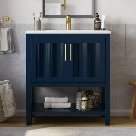 DELUXE LIVING 30 Inch Bathroom Vanity with Sink, Modern Bathroom Sink Cabinet with Sink Basin, Bathroom Vanities Cabinet with Soft-Closing Doors & Open Storage Shelf, Adjustable Feets, Navy Blue