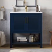 DELUXE LIVING 30 Inch Bathroom Vanity with Sink, Modern Bathroom Sink Cabinet with Sink Basin, Bathroom Vanities Cabinet with Soft-Closing Doors & Open Storage Shelf, Adjustable Feets, Navy Blue