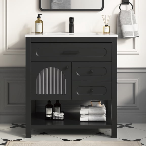 DELUXE LIVING 30 Inch Bathroom Vanity with Sink, Modern Black Bathroom Vanity with Soft-Closing Striped Glass Door & Drawers, Open Storage Shelf, Vanity for Bathroom with Adjustable Feets