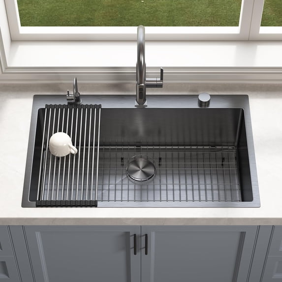 DELUXE LIVING 33 Inch Drop In Kitchen Sink with Accessories, 16 Gauge Single Bowl 304 Stainless Steel Sink, Workstation Kitchen Sinks 3 Accessories include Drain Strainer, Gun black