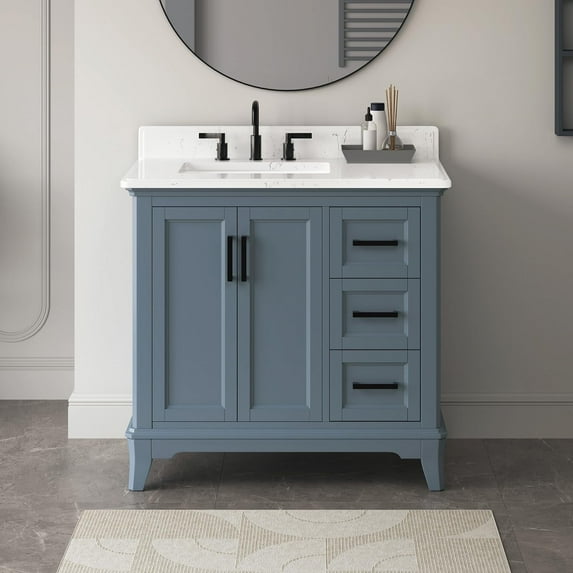Deluxe Living 36 inch Bathroom Vanity with Sink, Solid Wood Frame with Soft Closing Doors & Dovetail Drawers, Adjustable Feet, Fully Assembled, Steel Blue