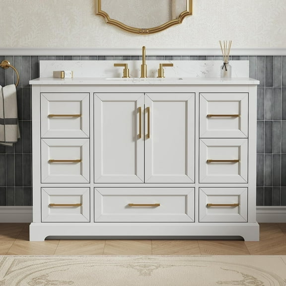 Deluxe Living 48" Bathroom Vanity with Marble Top, Fully-Assembled vanity with Ceramic Sink,Solid Wood Frame,Greige White