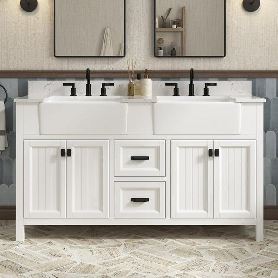 Deluxe Living Double Sink Bathroom Vanity 60", Fully-Assembled vanity with Ceramic Sink,Solid Wood Frame, White