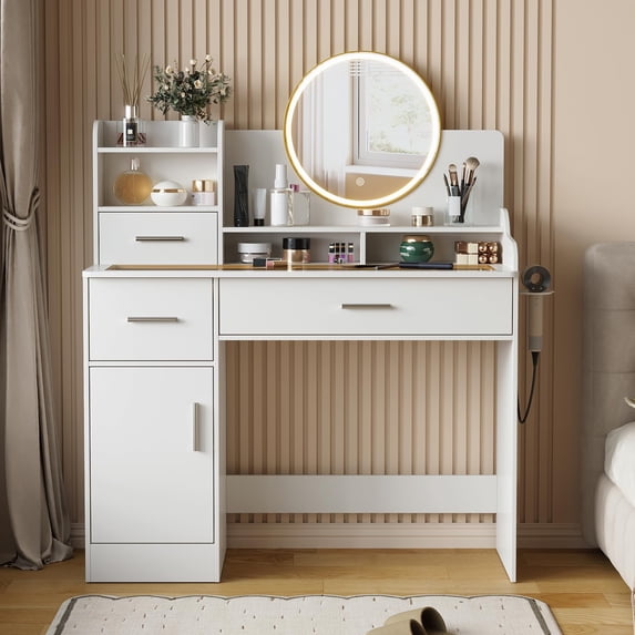 DELUXE LIVING Makeup Vanity with Mirror and Lights, White Vanity Table Set with Power Outlet & Hair Dryer Rack, Glass Top Vanity with Cabinet & Drawers, Dressing Table, 3 Color Modes Adjustment