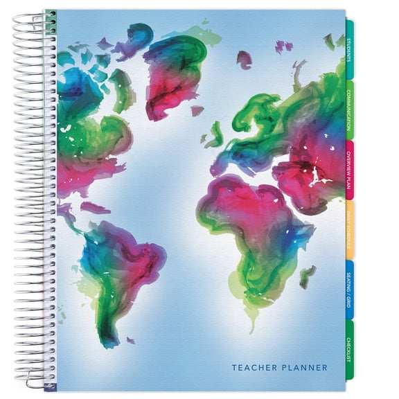 DELUXE Undated Teacher Planner - Includes 7 Periods, Page Tabs, Bookmark, and More! - Globe - 8.5"x11" - DTP-0003-U