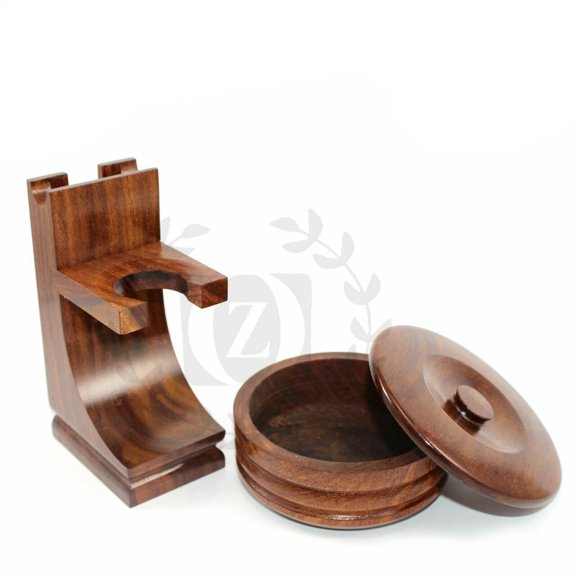 DELUXE WOOD SHAVING STAND FOR SAFETY RAZOR, STRAIGHT RAZOR & SHAVING BOWL