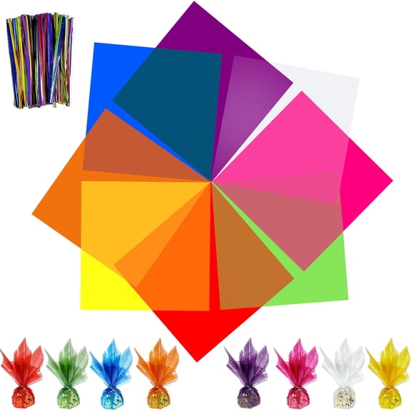 DELUXIS 160 Pcs Colored Cellophane Sheets , 8 x 8 Inch Transparent Plastic Sheets Cellophane Paper, 8 Colors Cellophane Wrap for DIY Arts Crafts, Gift Packaging, Candy Wrapping, Holidays Decoration