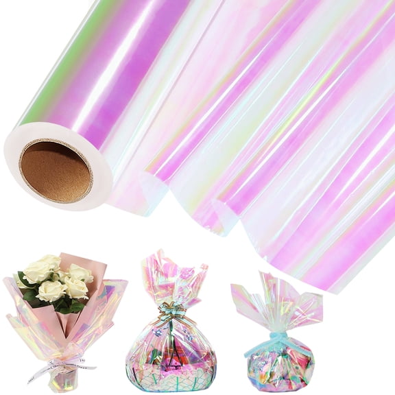 DELUXIS 82 Ft x 17 In Cellophane Roll Extra Wide Iridescent Cellophane Wrap Gift Baskets Wrapping Plastic for Basket, Treats, DIY Crafts, Birthday Gifts