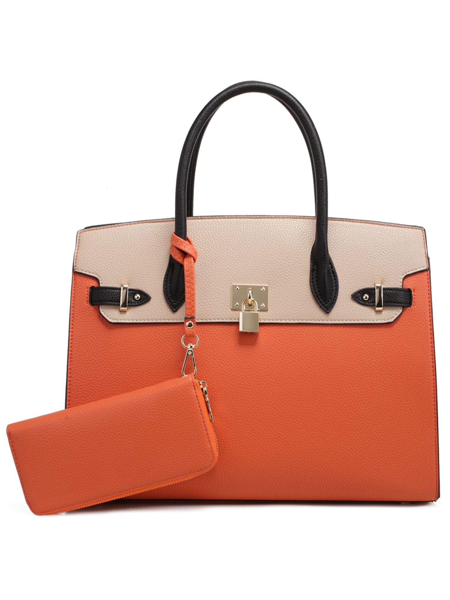 DELUXITY Designer Top Handle Satchel Handbag Briefcase 2pc SetOR/BG