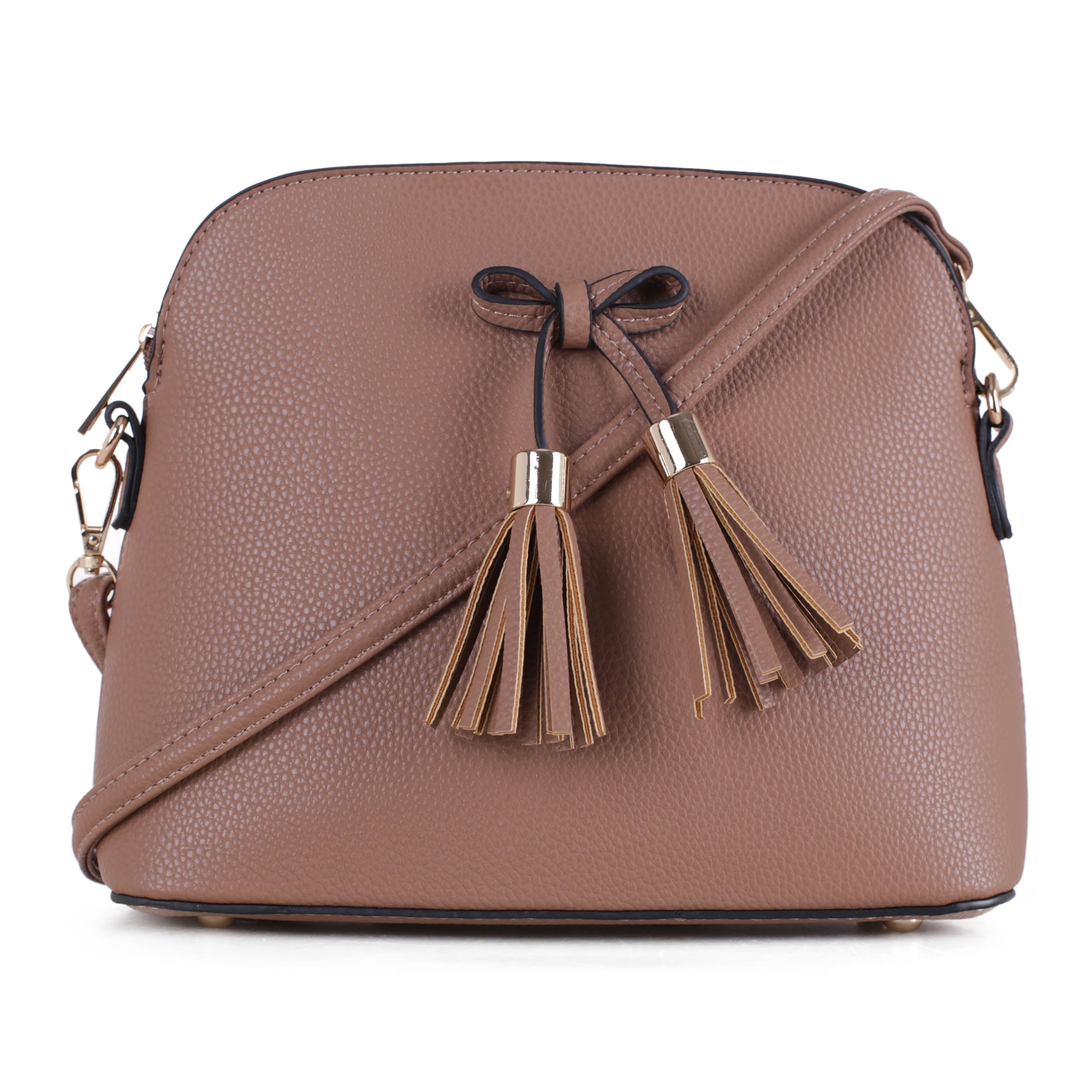DELUXITY Double Compartment Lady Crossbody Dome Bow TasselTaupe