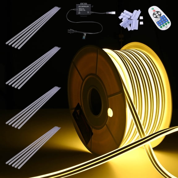 DELight 100FT Warm White Neon Rope Lights with 2" Plastic U Channel System 10PCS,Remote Control AC 110V Waterproof Dimmable Cuttable DEL-D1M100W
