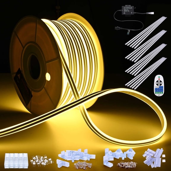 DELight Outdoor Waterproof 100 Feet LED Neon Rope Light Kit Clear U Channels and 4 Wires Splice Connectors AC 110-120V 2700K Warm White DSL001