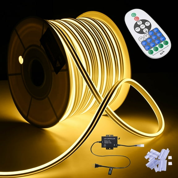 DELight 150FT Warm White Neon Rope Lights with Remote Control AC 110V IP65 Waterproof Cuttable Dimmable Flexible DIY DEL-D150W