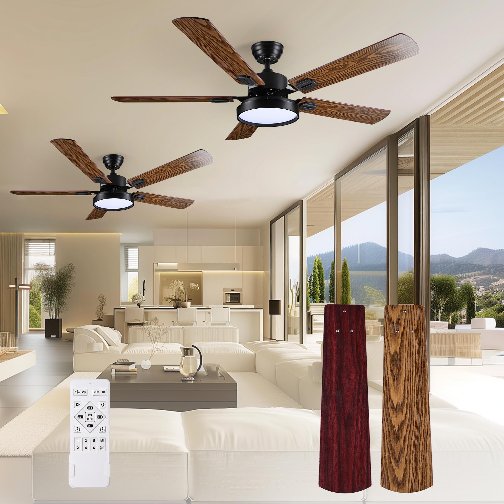 DELight 2 Pack 52" Ceiling Fan with Light, Remote Control, 3 Color Temperature 6 Speeds DC Reversible Motor, Timing, Dimmable for Bedroom Living Room Farmhouse Patio Brown