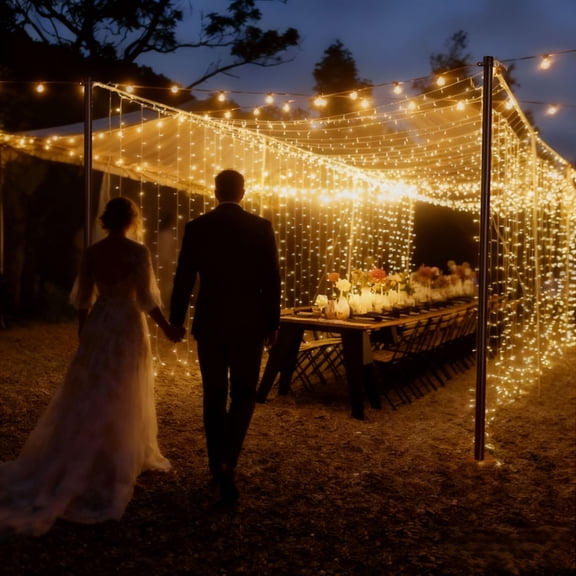 DELight 40x10 Ft 1920 LED Curtain Lights with 2PCS 10Ft Outdoor String Light Poles & Steel Cable 120V Plug in Hanging Event Wedding Party Commercial