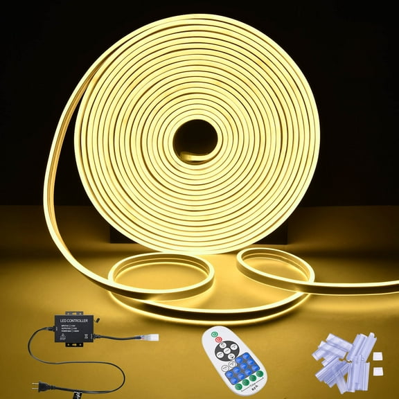 DELight 50FT Warm White Neon Rope Lights with Remote Control AC 110V IP65 Waterproof Cuttable Dimmable Flexible DIY DEL-D50W