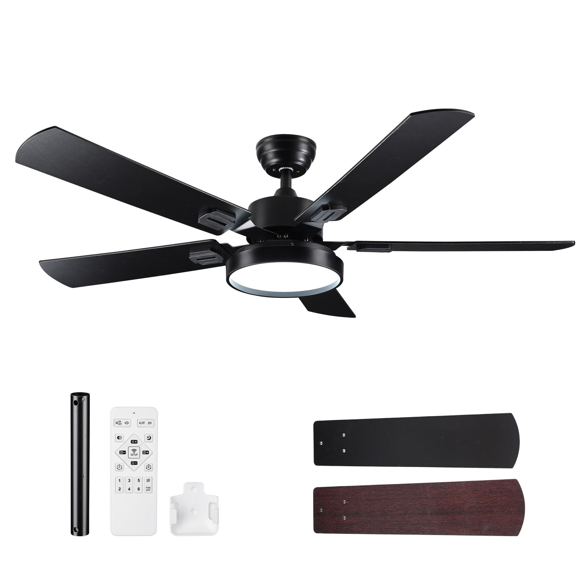 DELight 52" Ceiling Fan with Light, Remote Control, 3 Color Temperature 6 Speeds DC Reversible Motor, Timing, Dimmable for Livingroom Bedroom Black