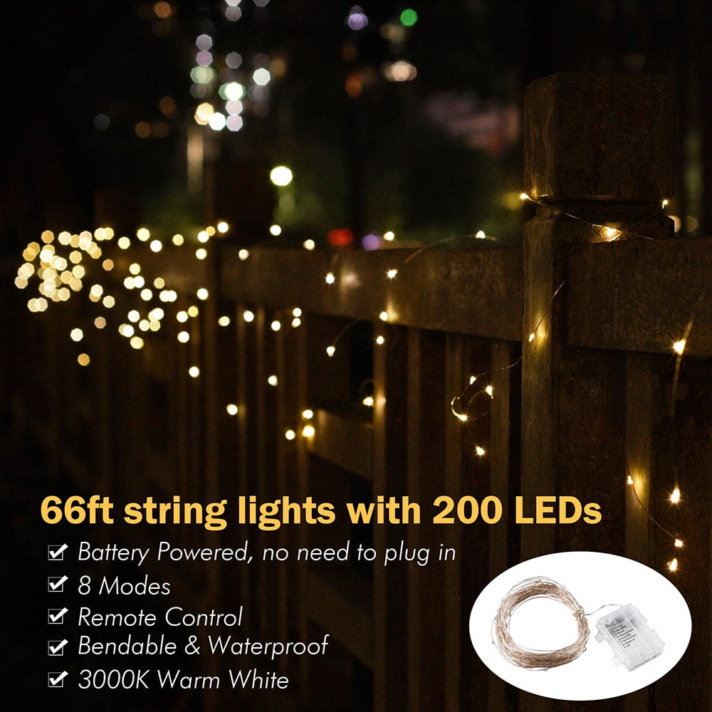DELight 66ft 200 LEDs String Light Battery Operated Starry Fair Lights 8 Modes Xmas Decor Rope Lighting Waterproof