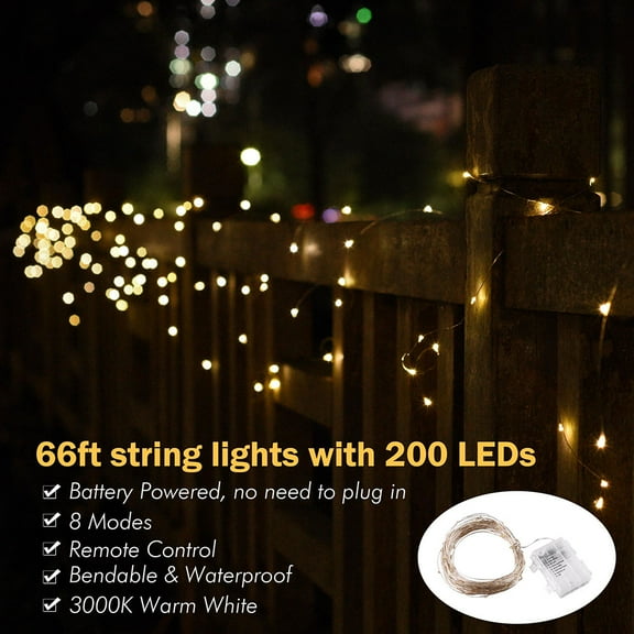 DELight 66ft 200 LEDs String Light Battery Operated Starry Fair Lights 8 Modes Xmas Decor Rope Lighting Waterproof