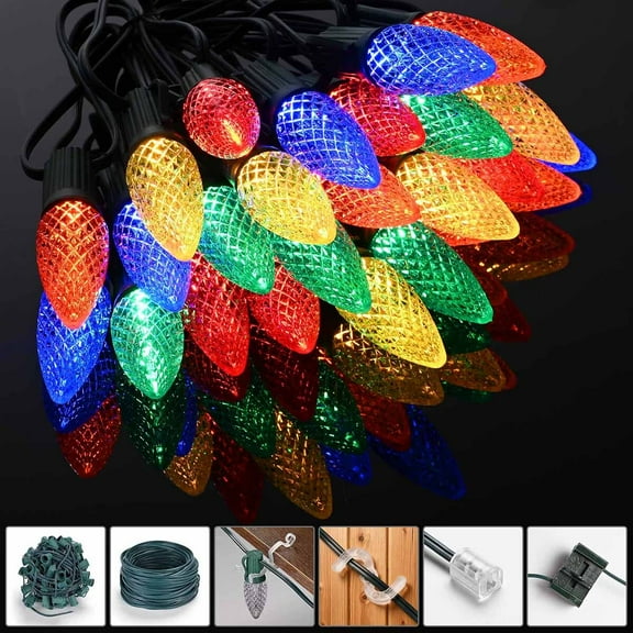 DELight C9 Christmas Lights Outdoor,100FT LED String Lights w/ 100 Clips for Roofline Lighting Connectable DIY Cuttable Waterproof Xmas Decor Multicolor