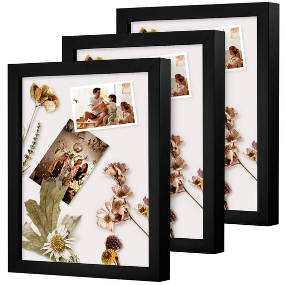 DEMAIKE 8x10 3pcs Shadow Box Frame,Wood & Glass Display Case for Keepsakes, Photos, Medals, Black