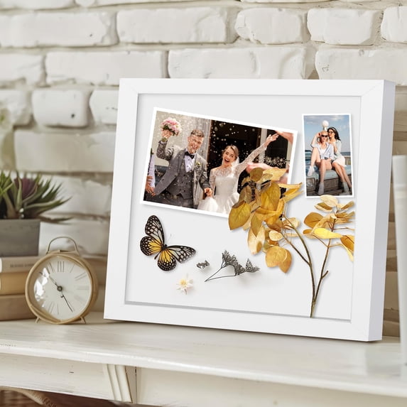 DEMAIKE 8x10 Shadow Box Frame Wood 3D Picture Frame with Glass Cover, Display Case with Mat for Wall-Hanging or Free-Standing Picture Showcase, White