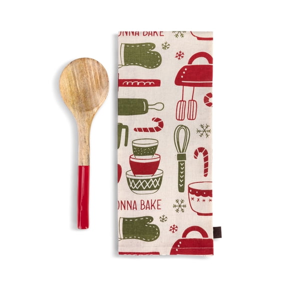 DEMDACO Bakers Gonna Bake Red and Green Linen Holiday Tea Towel and Utensil Set of 2