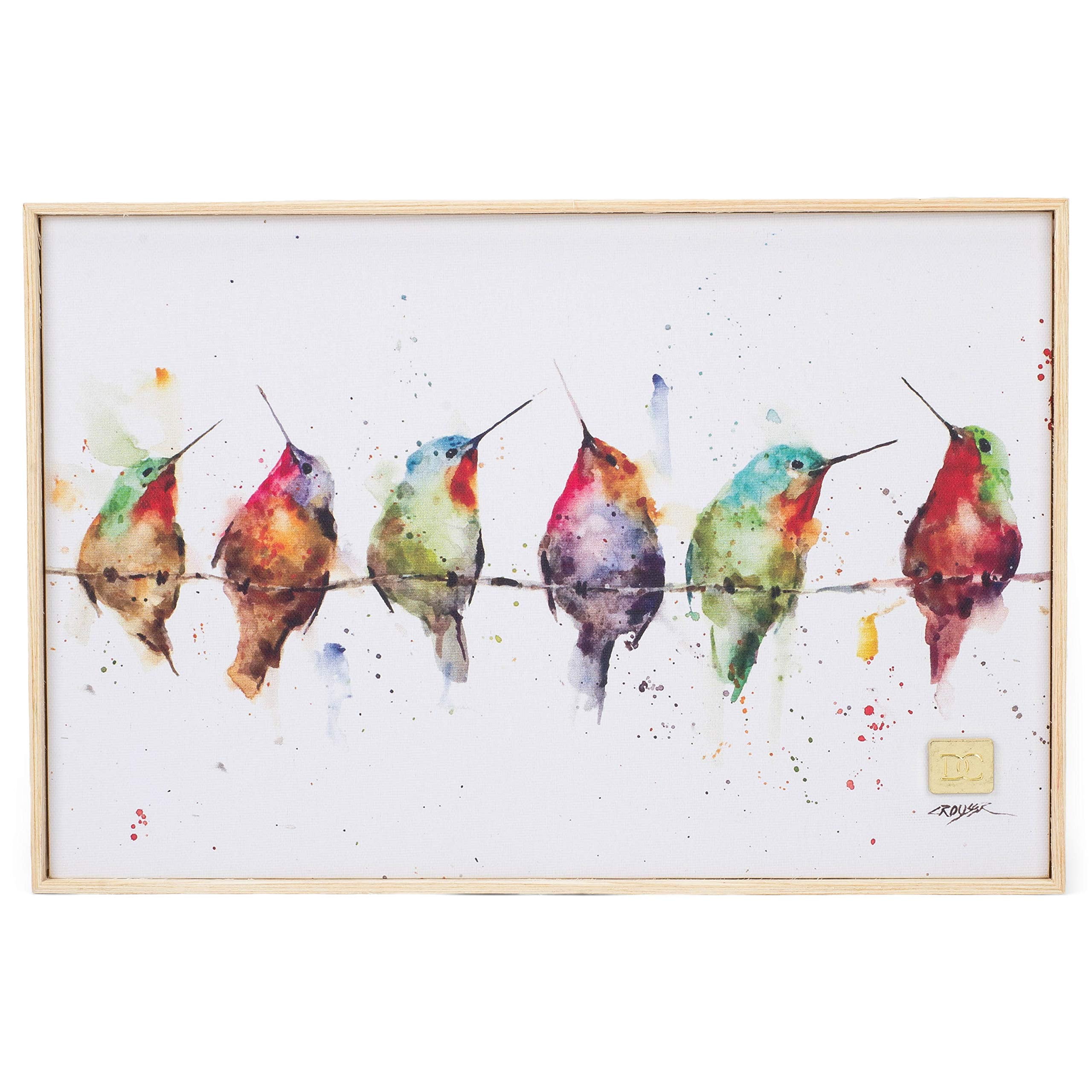 Colorful Watercolor Hummingbirds on Canvas in Wooden Frame