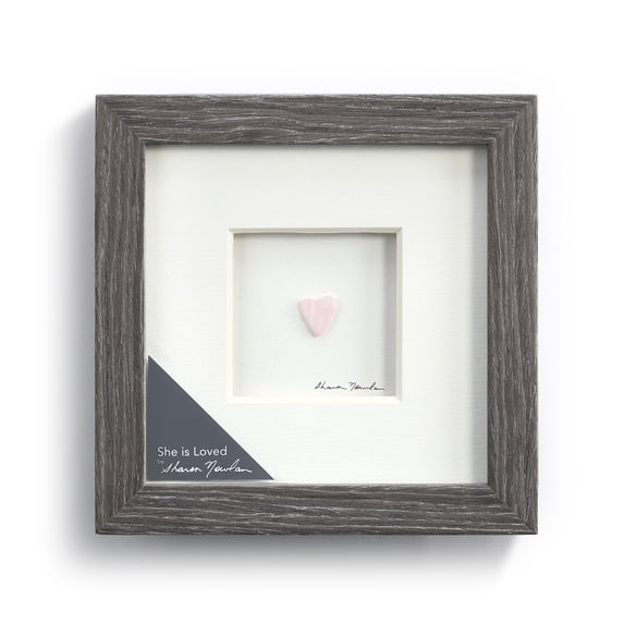 DEMDACO She is Loved Heart Classic White 6 x 6 Glass Pebble and Wood Framed Wall Art