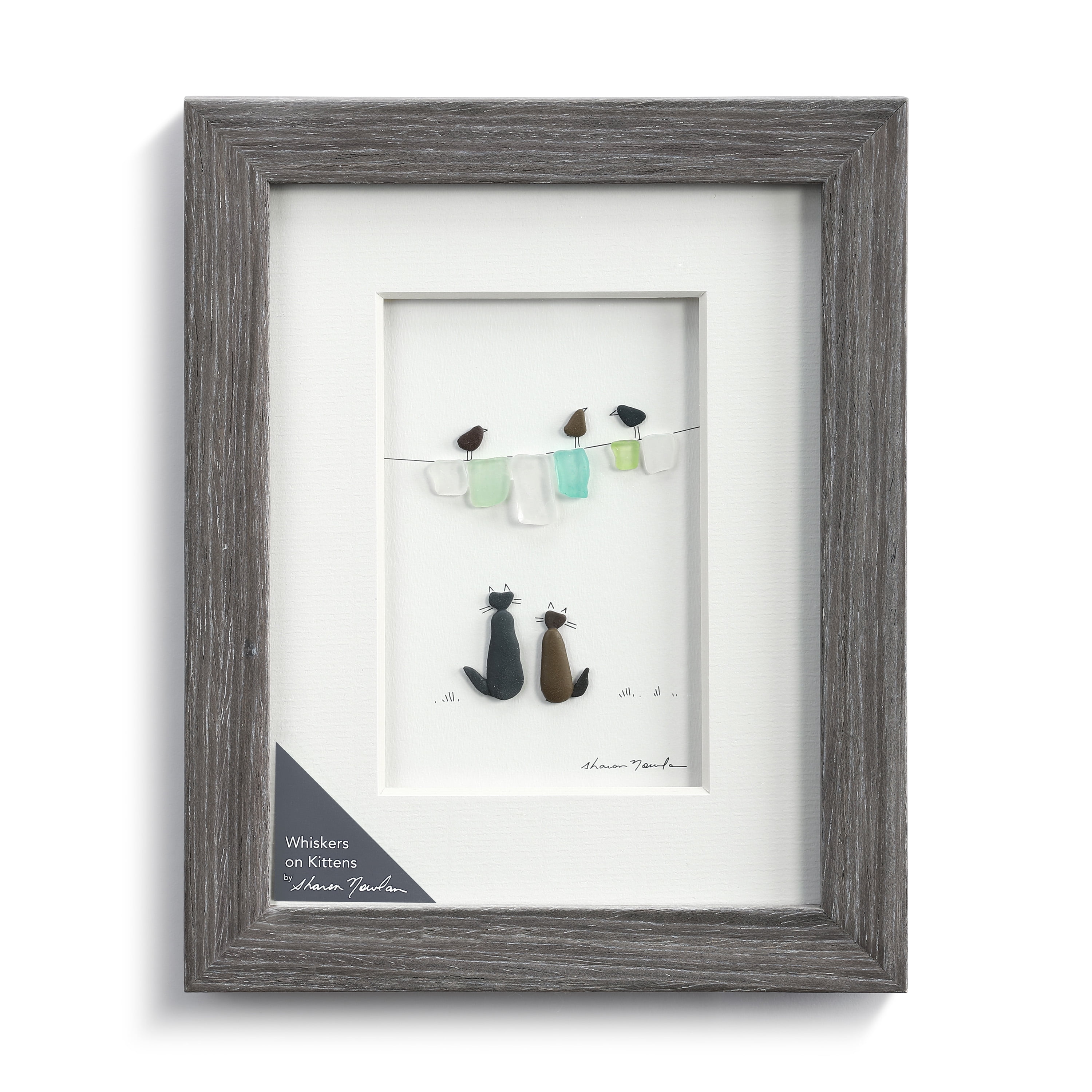 Whiskers on Kittens Glass Pebble and Wood Framed Wall Art