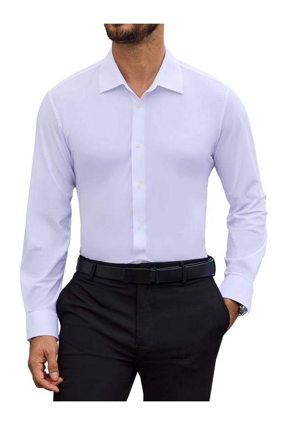 Men's Long Sleeve Button Down Dress Shirt, 13-Way Stretch Wrinkle-Free, Slim Fit