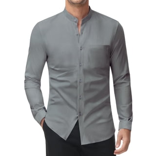 Youclos Men's Stretch Long Sleeve Button Down Dress Shirt, Band Collar with Chest Pockets, Casual Standard Fit